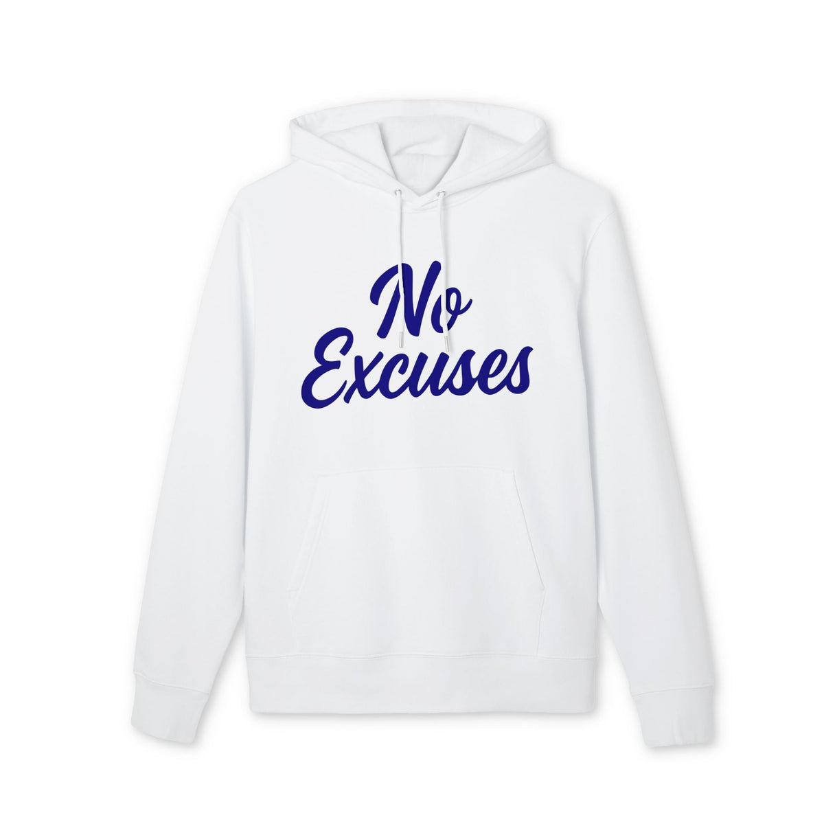 Alt Tag: No Excuses For Athletes Sustainable Unisex Hoodie white organic cotton pullover with hood and blue “No Excuses” front print