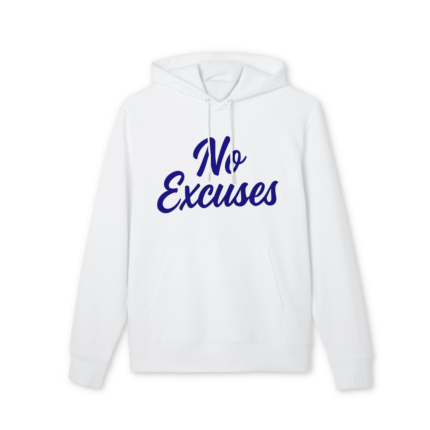 Alt Tag: No Excuses For Athletes Sustainable Unisex Hoodie white organic cotton pullover with hood and blue “No Excuses” front print