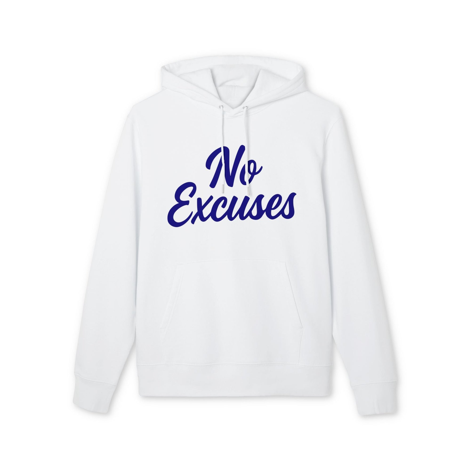Alt Tag: No Excuses For Athletes Sustainable Unisex Hoodie white organic cotton pullover with hood and blue “No Excuses” front print