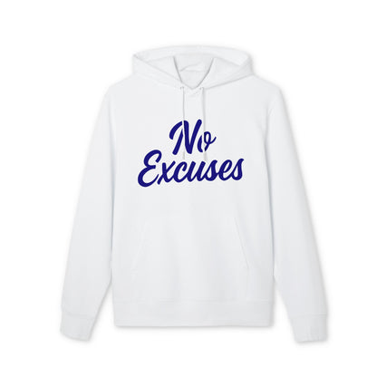 Alt Tag: No Excuses For Athletes Sustainable Unisex Hoodie white organic cotton pullover with hood and blue “No Excuses” front print