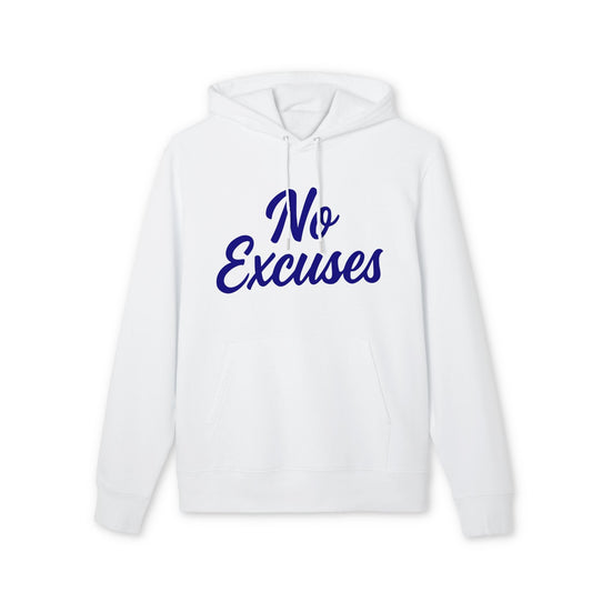 Alt Tag: No Excuses For Athletes Sustainable Unisex Hoodie white organic cotton pullover with hood and blue “No Excuses” front print