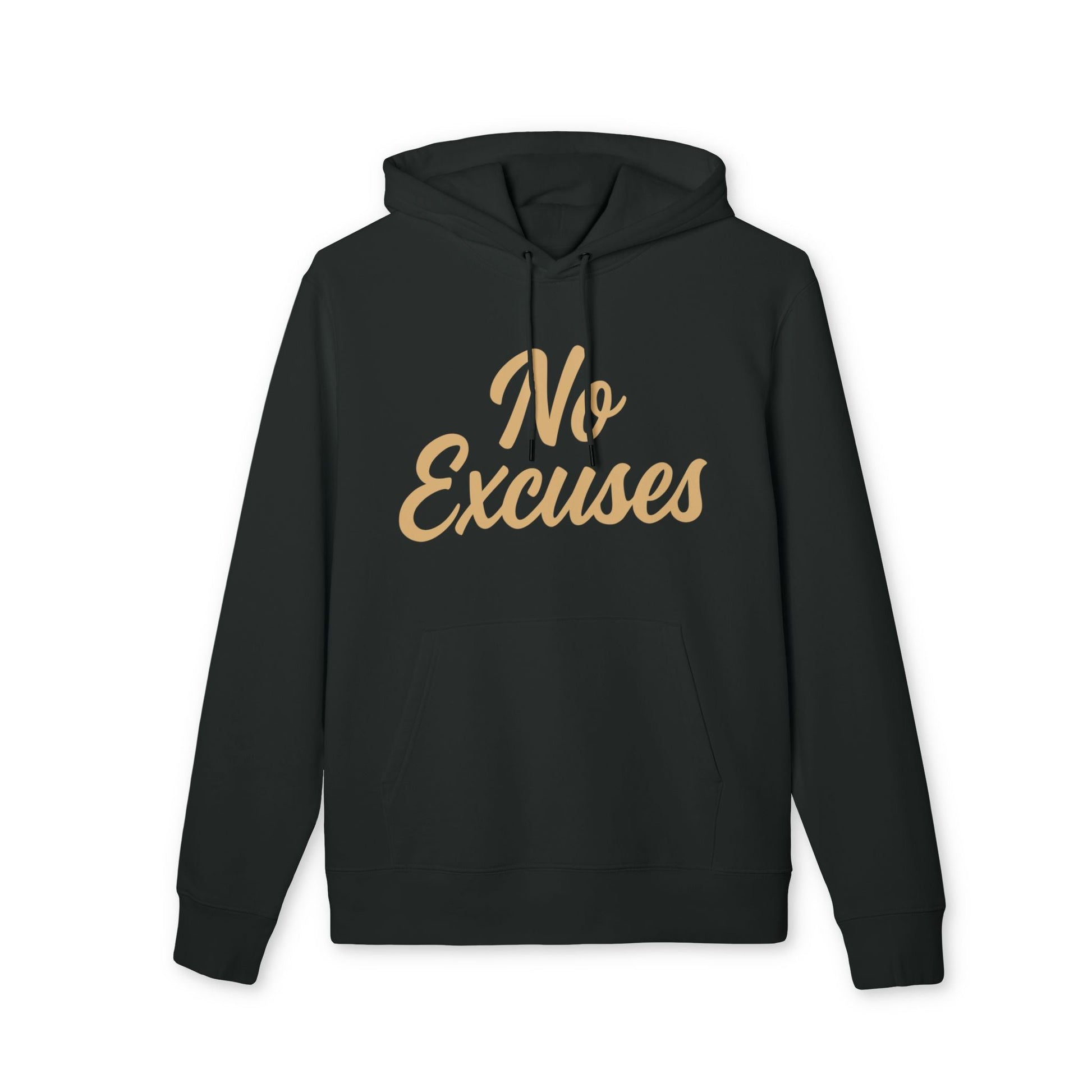 Alt Tag: No Excuses For Athletes Sustainable Unisex Hoodie negra con capucha y cordones, estampado frontal “No Excuses” en beige