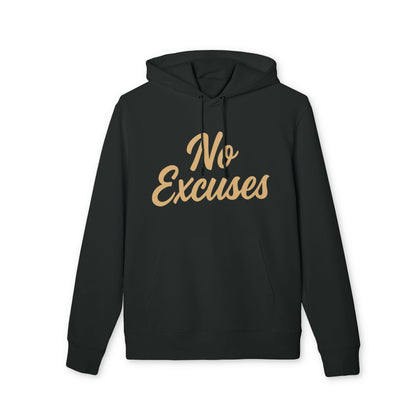 Alt Tag: No Excuses For Athletes Sustainable Unisex Hoodie negra con capucha y cordones, estampado frontal “No Excuses” en beige