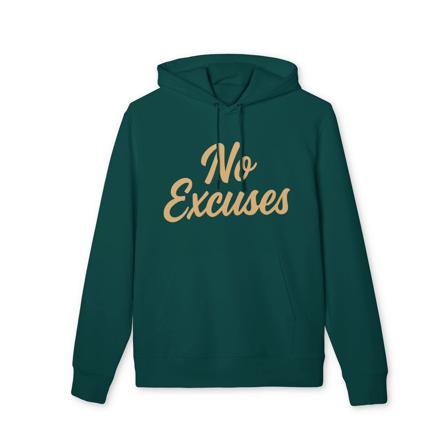 Alt Tag: No Excuses For Athletes Sustainable Unisex Hoodie verde azulado con capucha y texto "No Excuses" en el pecho