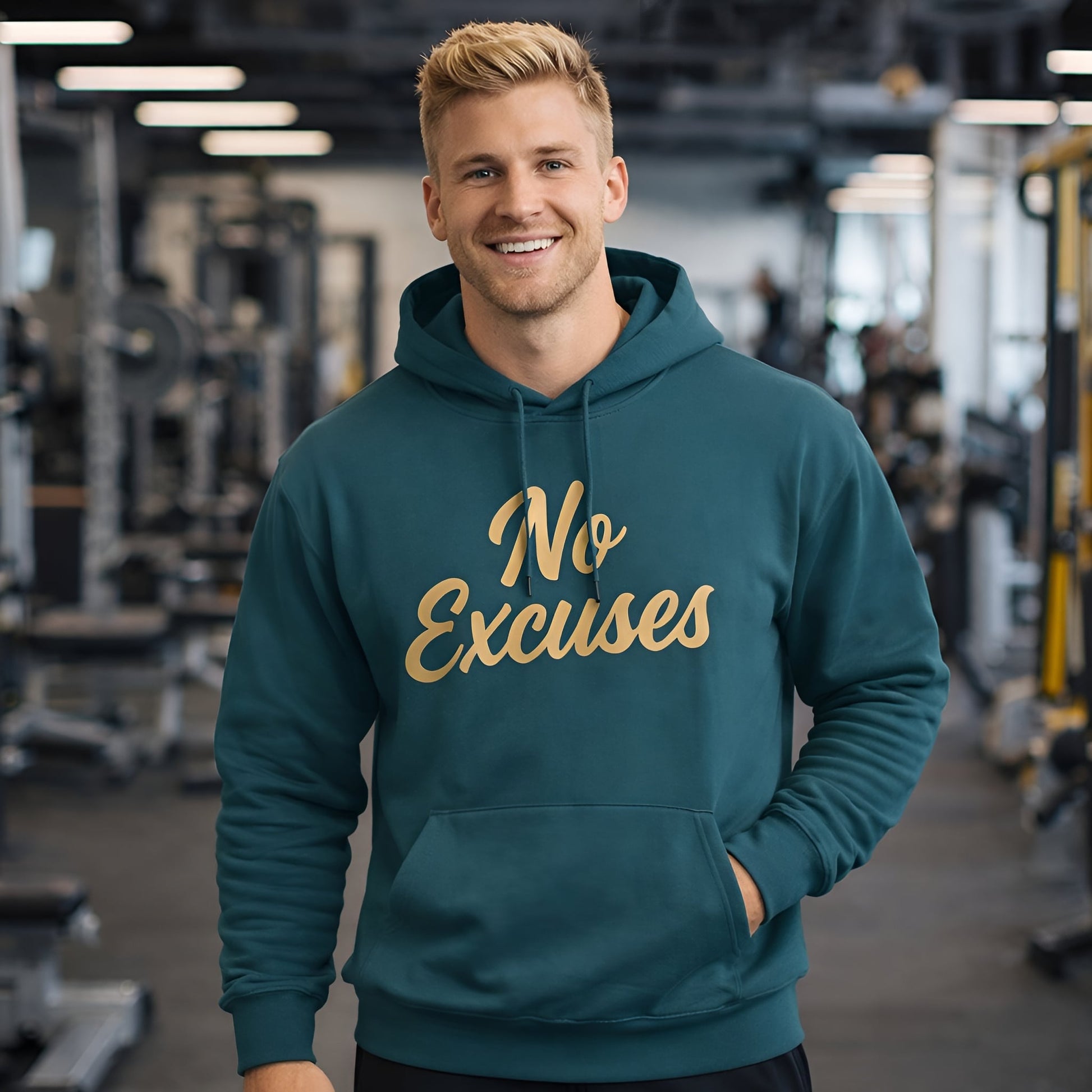 Alt Tag: No Excuses For Athletes Sustainable Unisex Hoodie en algodón orgánico, color verde azulado con texto "No Excuses", usado en gimnasio