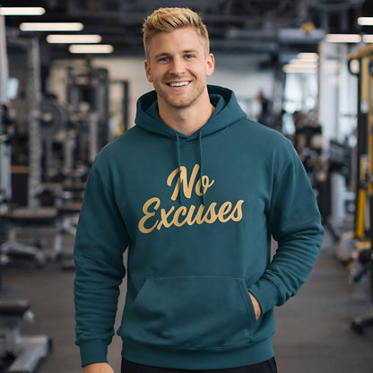 Alt Tag: No Excuses For Athletes Sustainable Unisex Hoodie en algodón orgánico, color verde azulado con texto "No Excuses", usado en gimnasio
