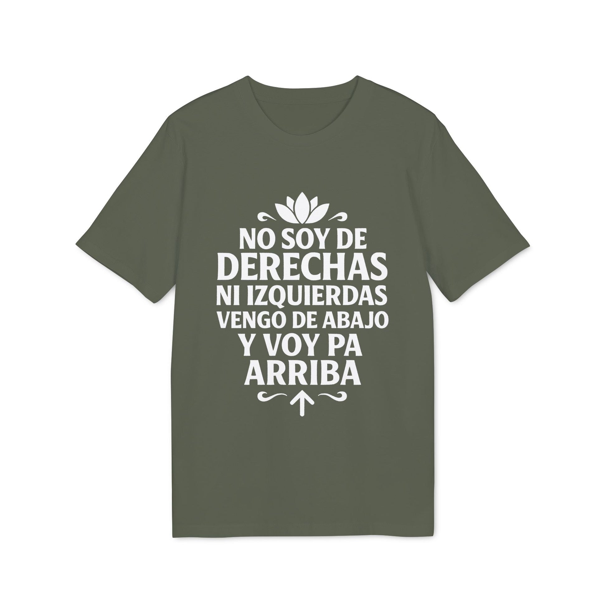 Alt Tag: No Soy Derechas Ni Izquierdas Organica Sustainable Unisex Tee camiseta unisex orgánica sostenible verde con texto “No soy de derechas ni izquierdas”