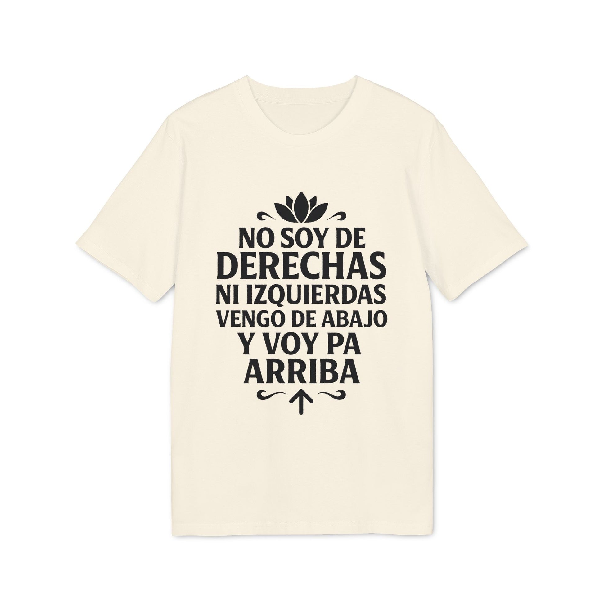 Alt Tag: No Soy Derechas Ni Izquierdas Organica Sustainable Unisex Tee en color crema con texto "No soy de derechas ni izquierdas"