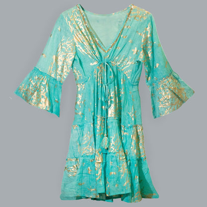 Alt Tag: Nomad Sari Dress – Turquoise & Gold Coral Design (LXL) turquoise dress with gold coral motif, V-neck, bell sleeves