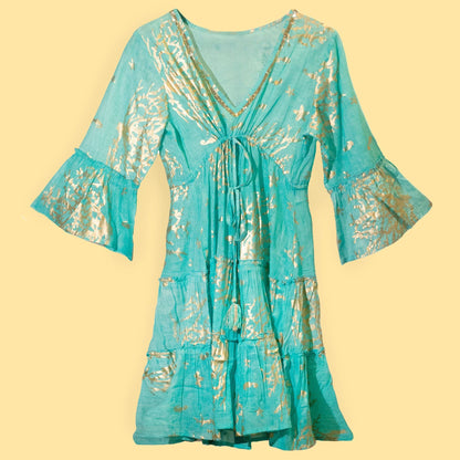 Alt Tag: Nomad Sari Dress – Turquoise & Gold Coral Design (LXL), turquoise mini dress with gold coral print, V-neck, tie waist, flared sleeves