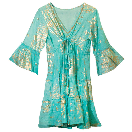 Alt Tag: Nomad Sari Dress – Turquoise & Gold Coral Design (ML), vestido turquesa con motivos coral dorados, escote en V y mangas acampanadas