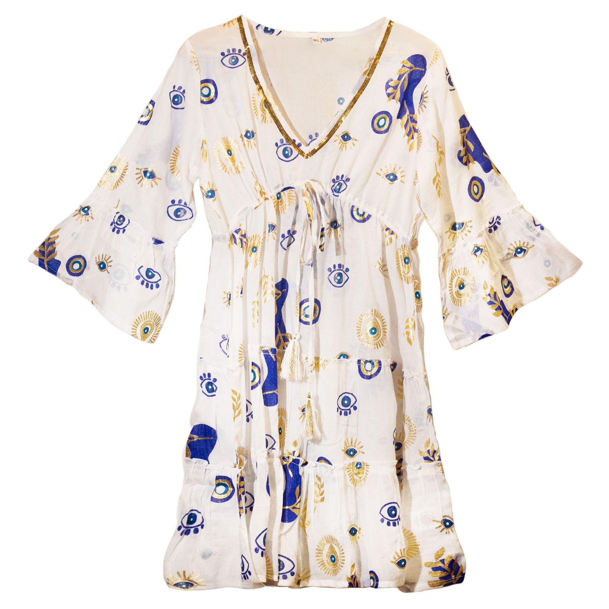 Alt Tag: Nomad Sari Dress – White, Blue & Gold Evil Eye Design (LXL), vestido blanco con estampado de ojo turco azul y dorado, manga 3/4