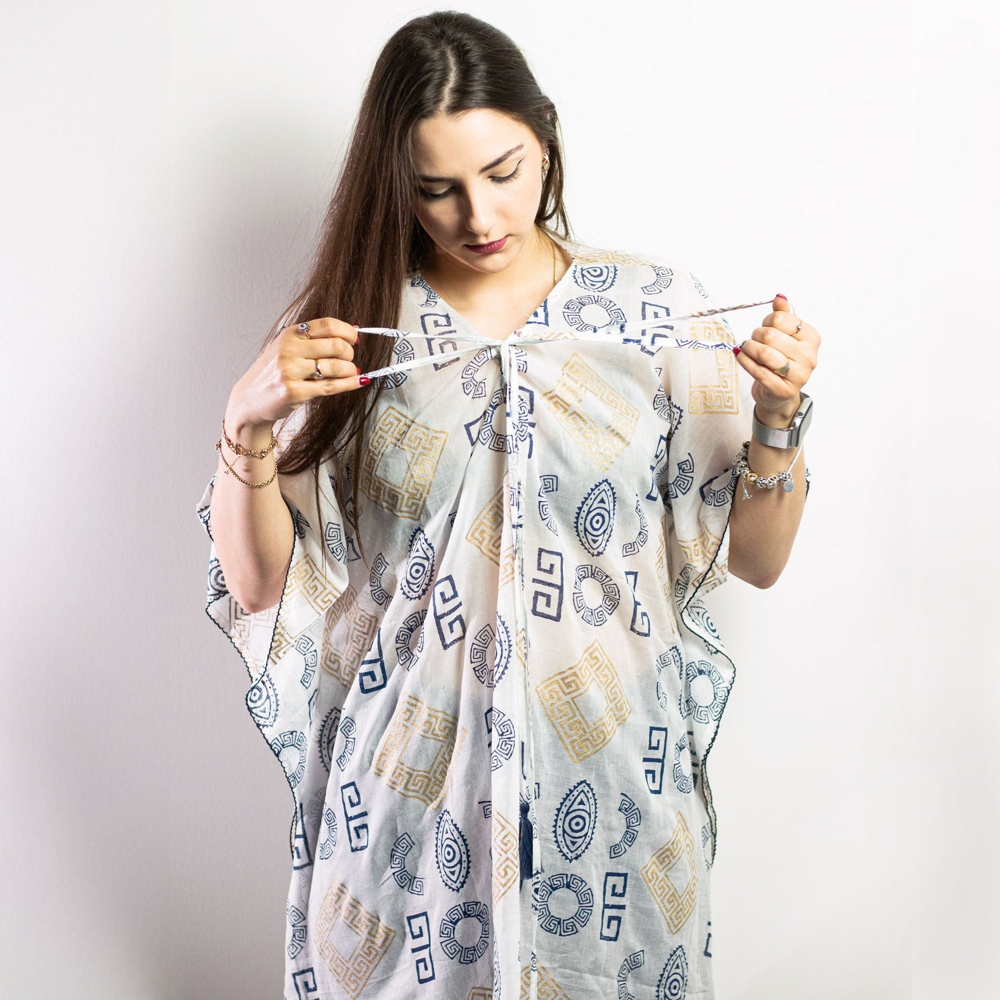 Nomad Sari Kaftan – Gold & Blue Greek Motif (Hand-Painted) flowing kaftan with blue and gold Greek pattern and tie neckline