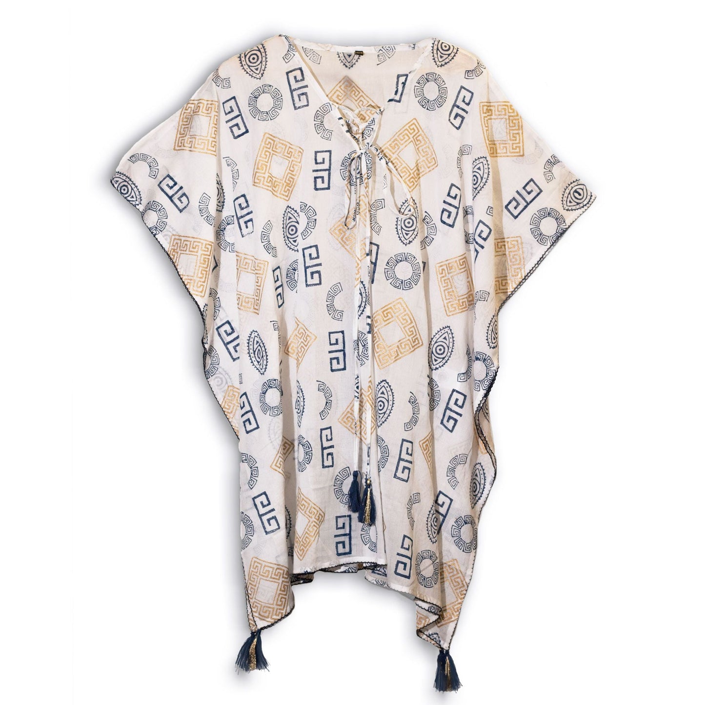 Alt Tag: Nomad Sari Kaftan – Gold & Blue Greek Motif (Hand-Painted) flowing kaftan with Greek key print, tassel tie, gold and blue details