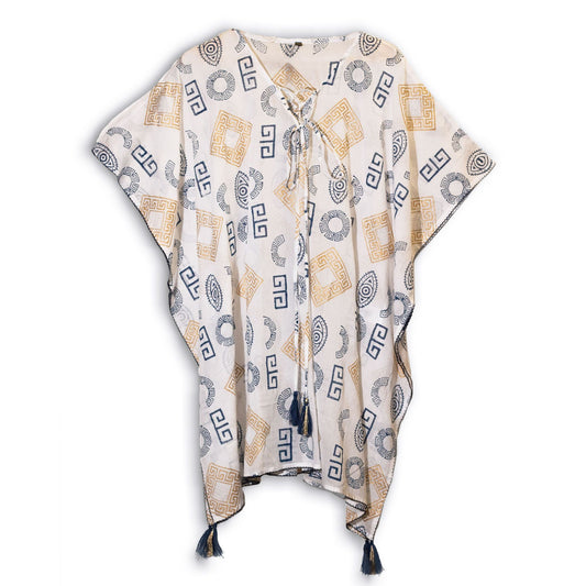 Alt Tag: Nomad Sari Kaftan – Gold & Blue Greek Motif (Hand-Painted) flowing kaftan with Greek key print, tassel tie, gold and blue details
