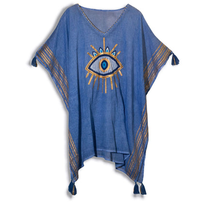 Alt Tag: Nomad Sari Kaftan – Rich Blue & Gold Evil Eye Design (Hand-Painted), blue lightweight kaftan with gold evil eye motif