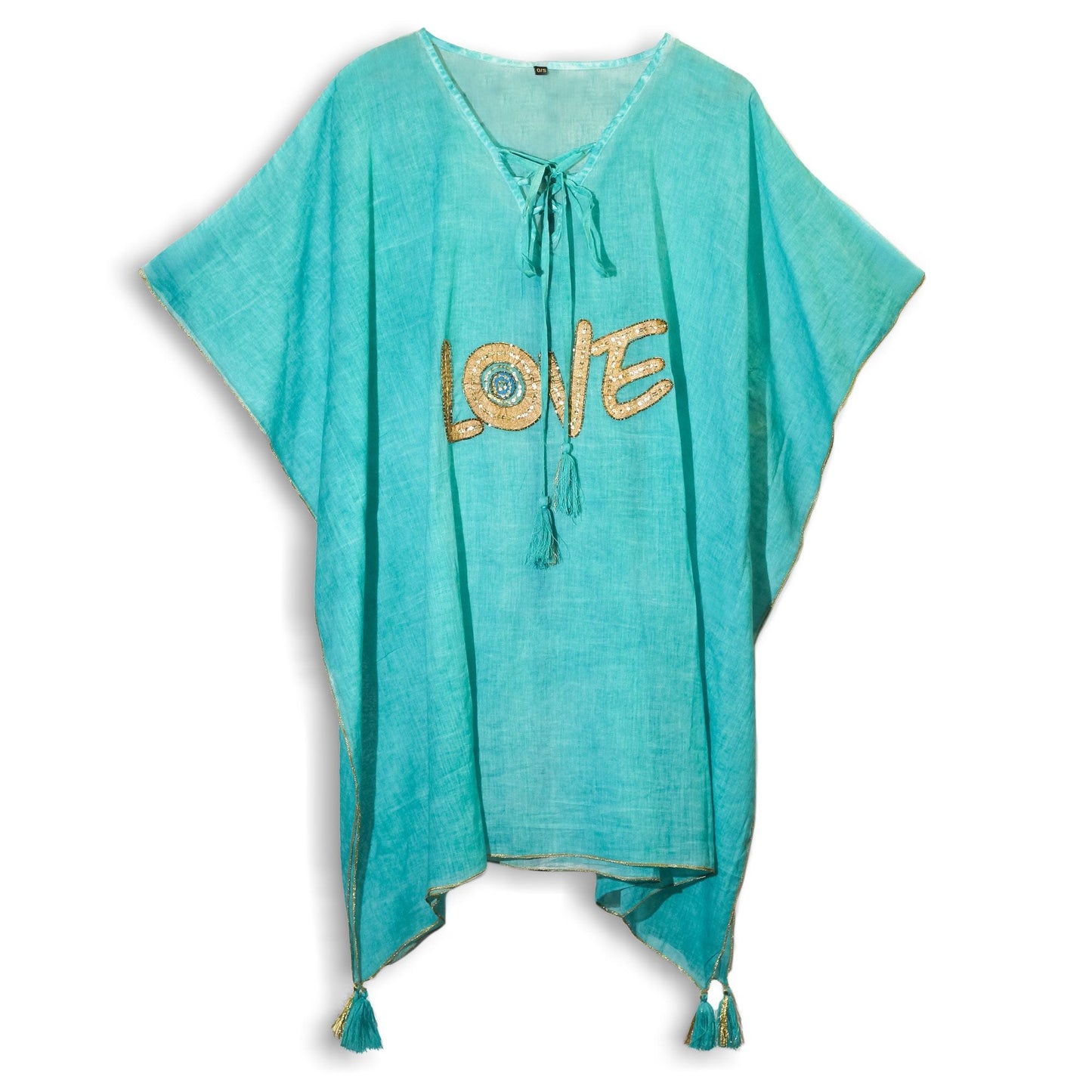 Alt Tag: Nomad Sari Kaftan – Turquoise & Gold Love Design, kaftán turquesa con motivo LOVE dorado, escote con cordón y borlas