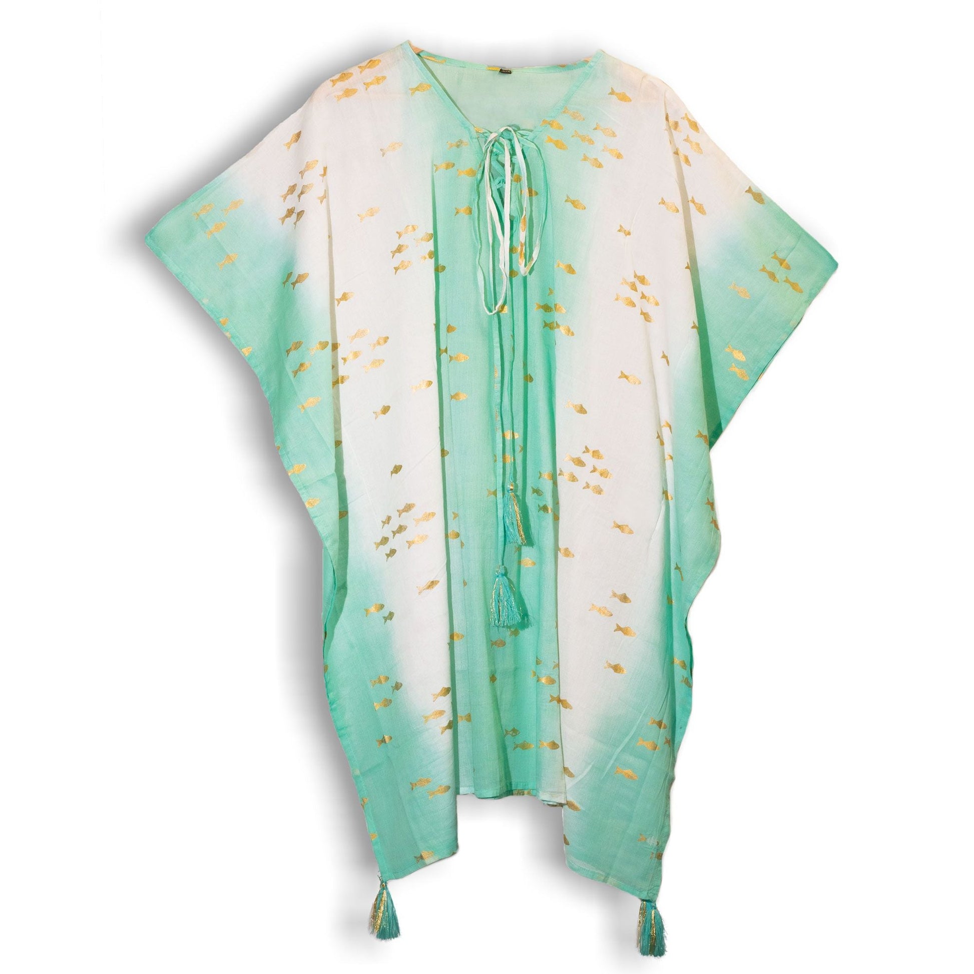 Nomad Sari Kaftan – White, Turquoise & Gold Fish Design flowy kaftan with tassel tie, white and turquoise with gold fish print