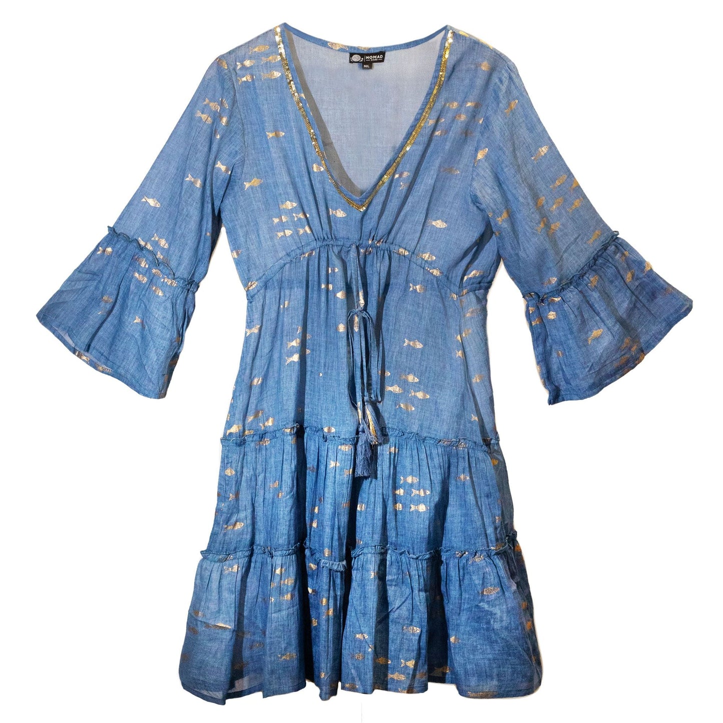 Nomad Sari Mediterranean Dress – Size S blue V-neck dress with gold foil print, tiered ruffle skirt and 3/4 bell sleeves