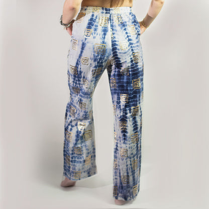 (L/XL) Nomad Sari On the Med Collection – Lounge Pants – Gold & Blue Greek Motif – Handpainted, upcycled sari fabric blue-gold