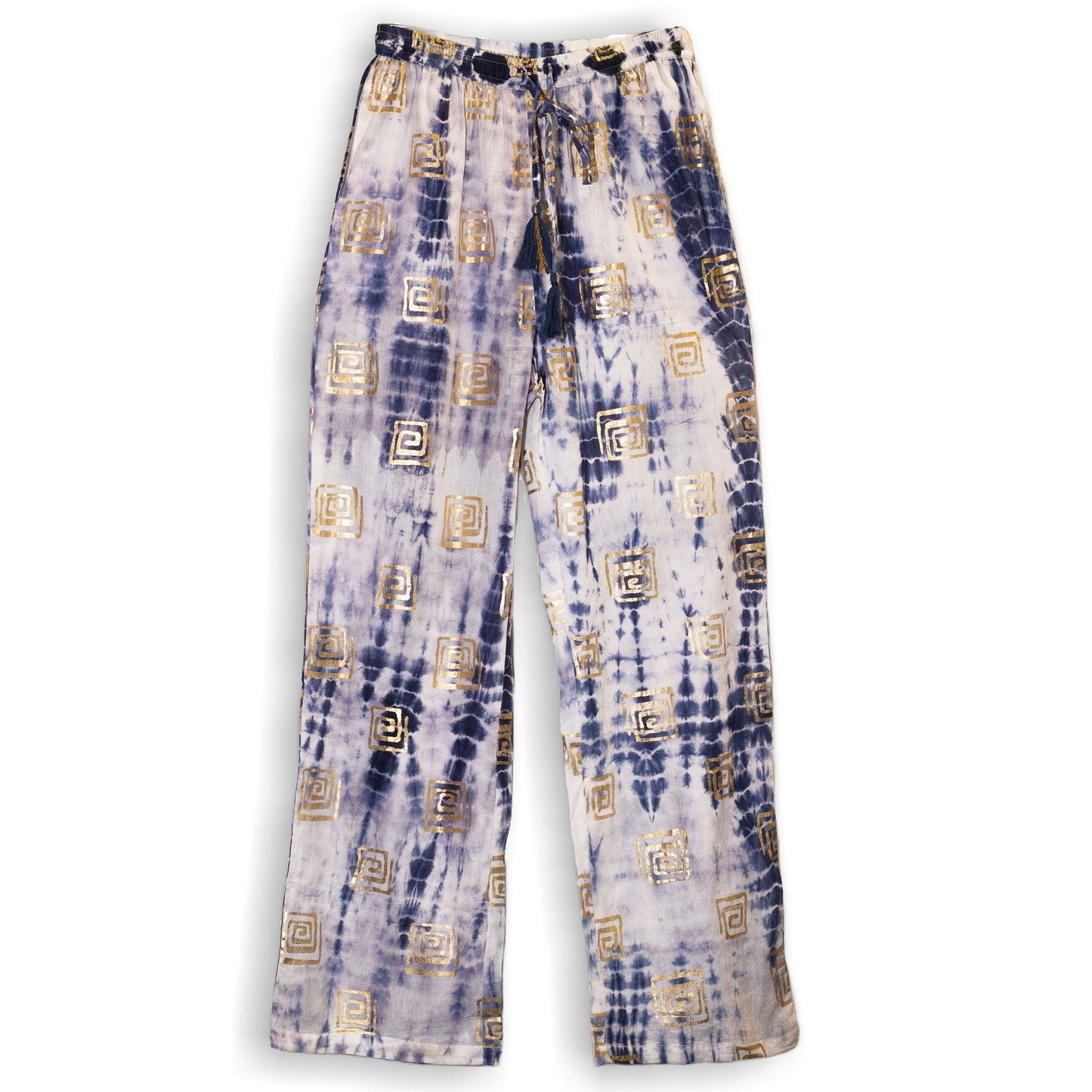 Alt Tag: (L/XL) Nomad Sari On the Med Collection – Lounge Pants – Gold & Blue Greek Motif – Handpainted, upcycled sari fabric
