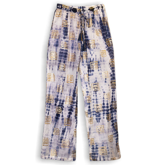 Alt Tag: (L/XL) Nomad Sari On the Med Collection – Lounge Pants – Gold & Blue Greek Motif – Handpainted, upcycled sari fabric