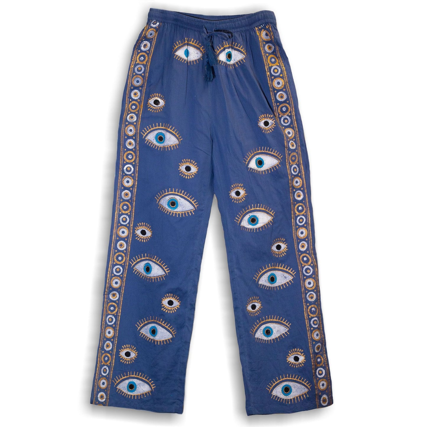 (M/L) Nomad Sari On the Med Collection – Lounge Pants – Rich Blue & Gold Hand-Painted Evil Eye Design rich blue cotton pants with evil eye print