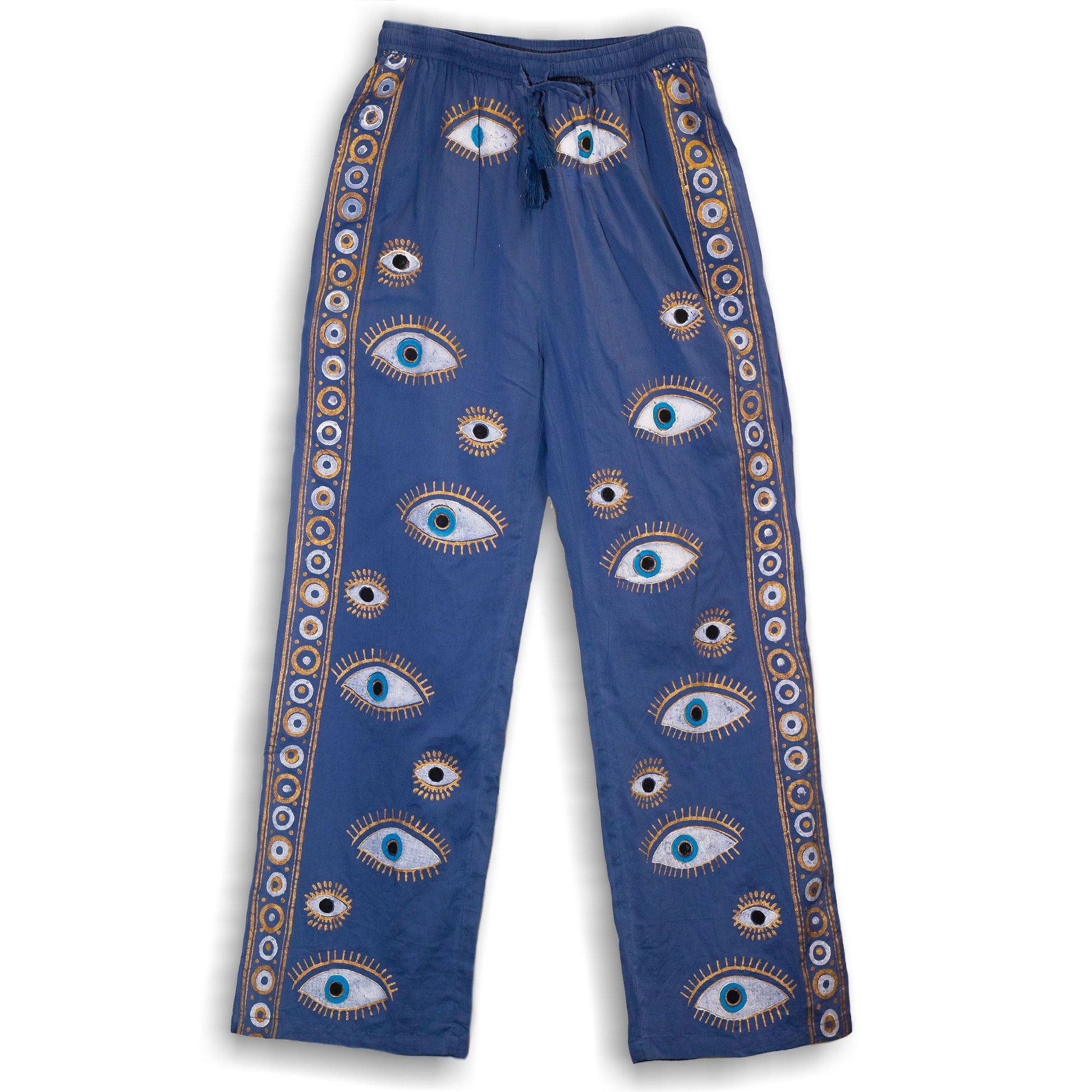 (M/L) Nomad Sari On the Med Collection – Lounge Pants – Rich Blue & Gold Hand-Painted Evil Eye Design rich blue cotton pants with evil eye print