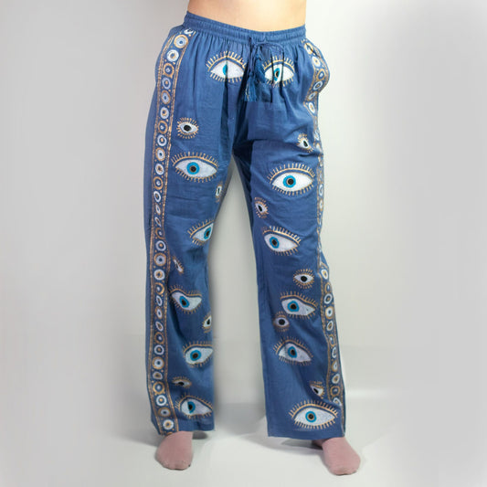 Alt Tag: (L/XL) Nomad Sari On the Med Collection – Lounge Pants – Rich Blue & Gold Hand-Painted Evil Eye Design blue pants