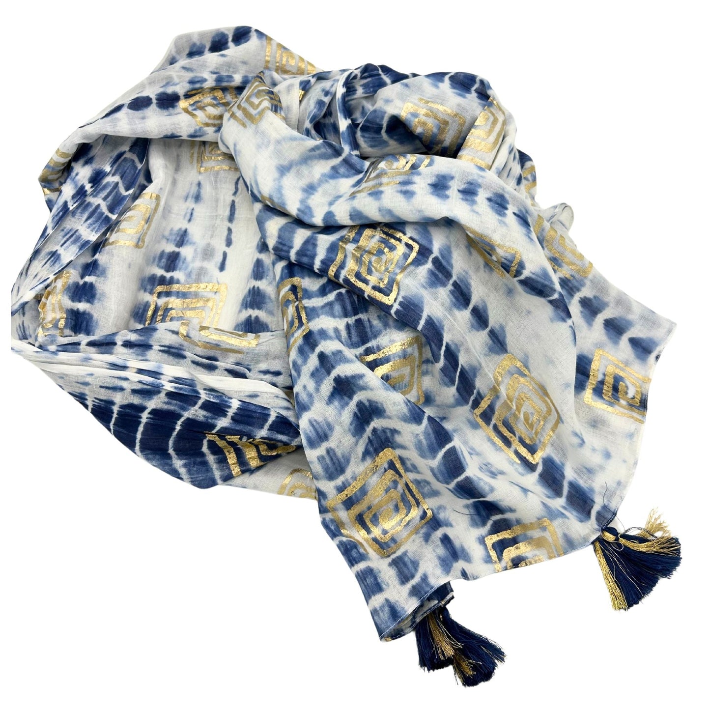 Nomad Sari Pario – Blå tie-dye & blockprint pario blå tie-dye med blockprint-detaljer och tofsar, lätt och mångsidig för stranden eller som wrap