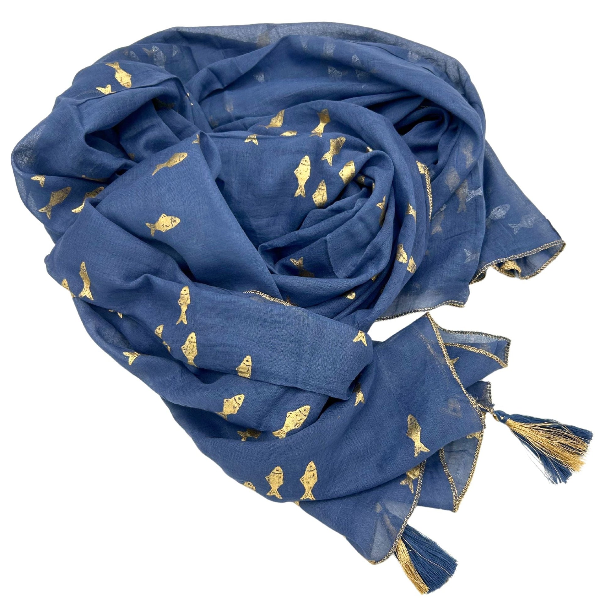 Nomad Sari Pario – Sea Blue & Gold Fish Design, sea-blue lightweight scarf with gold fish motifs and tassel ends