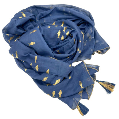 Nomad Sari Pario – Sea Blue & Gold Fish Design, sea-blue lightweight scarf with gold fish motifs and tassel ends
