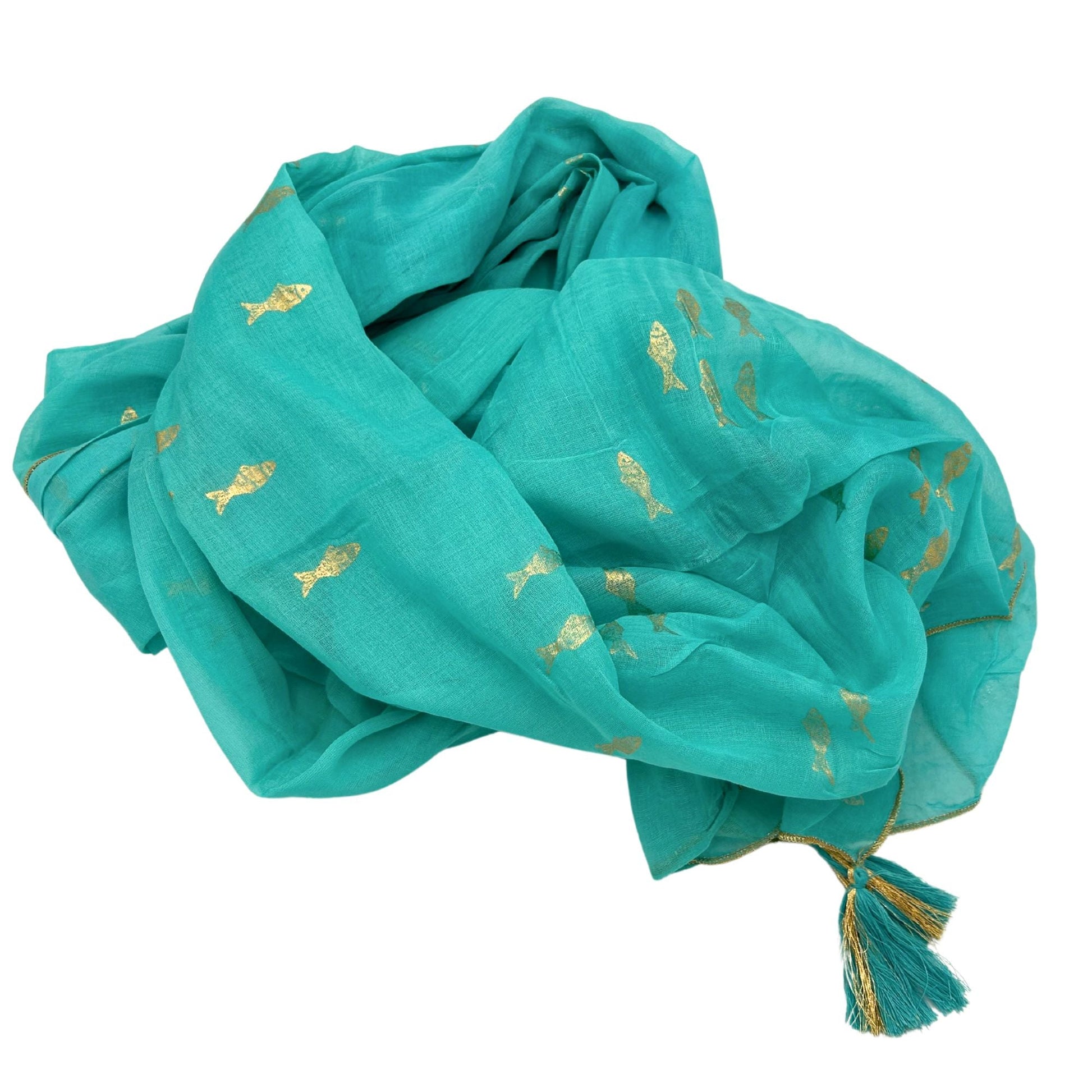 Nomad Sari Pario – turkos & guldfisk-design, turkos pario med guldfiskmotiv och tofsar