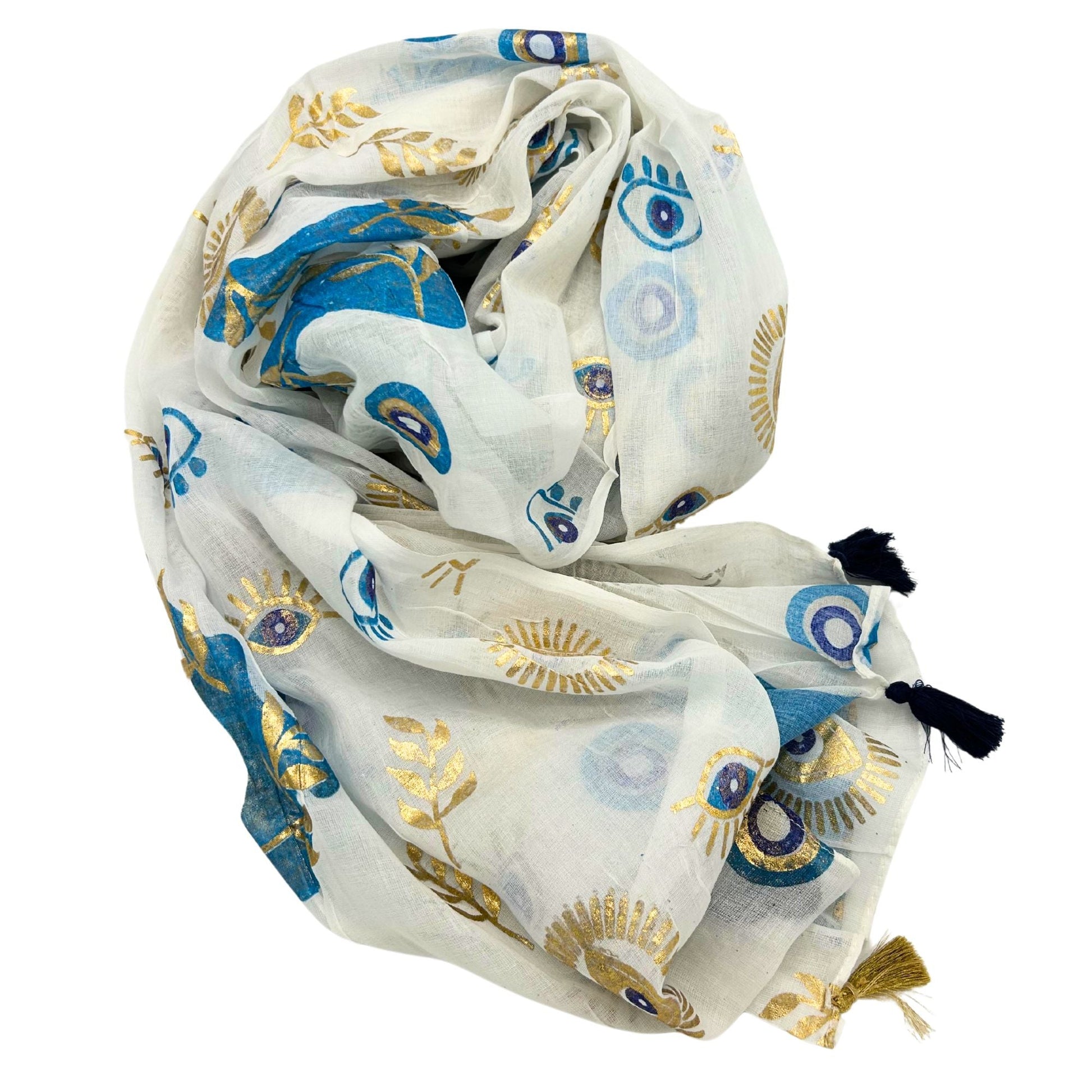 Alt Tag: Nomad Sari Pario – White, Blue & Gold Evil Eye Design pario ligero con motivos de ojo turco en blanco, azul y dorado