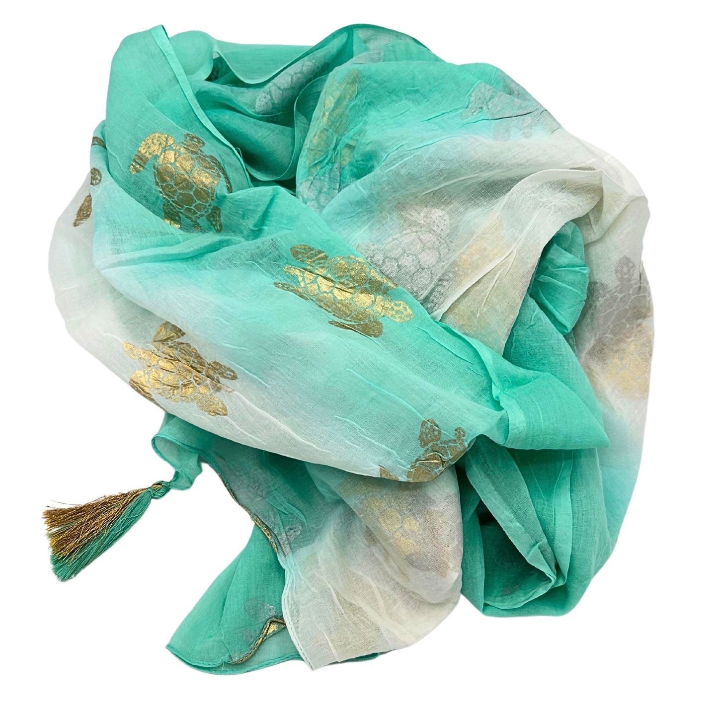 Nomad Sari Pario – White & Turquoise with Gold Turtle Design, pario tipo sarong blanco y turquesa con motivos de tortuga dorada