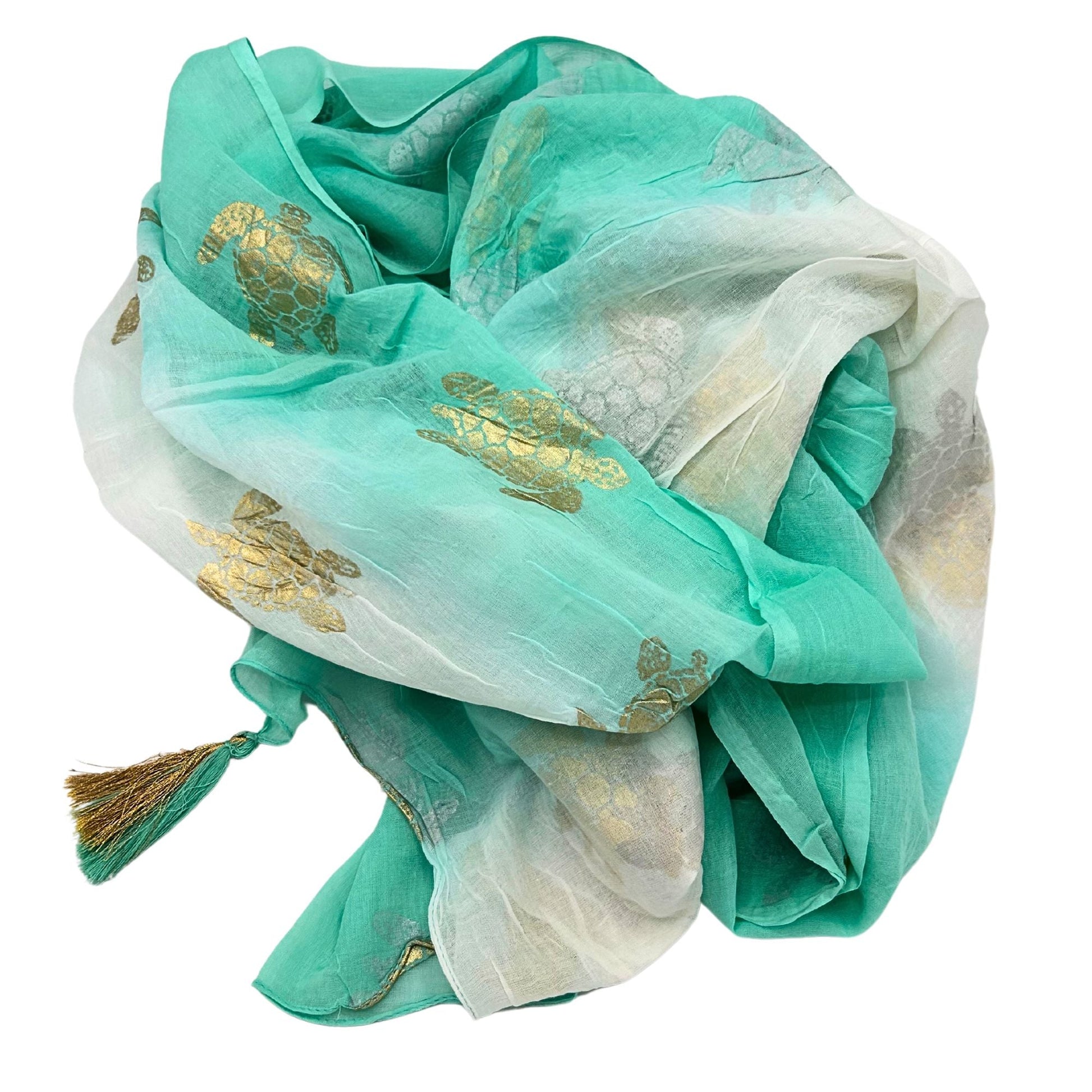 Nomad Sari Pario – White & Turquoise with Gold Turtle Design, pario tipo sarong blanco y turquesa con motivos de tortuga dorada