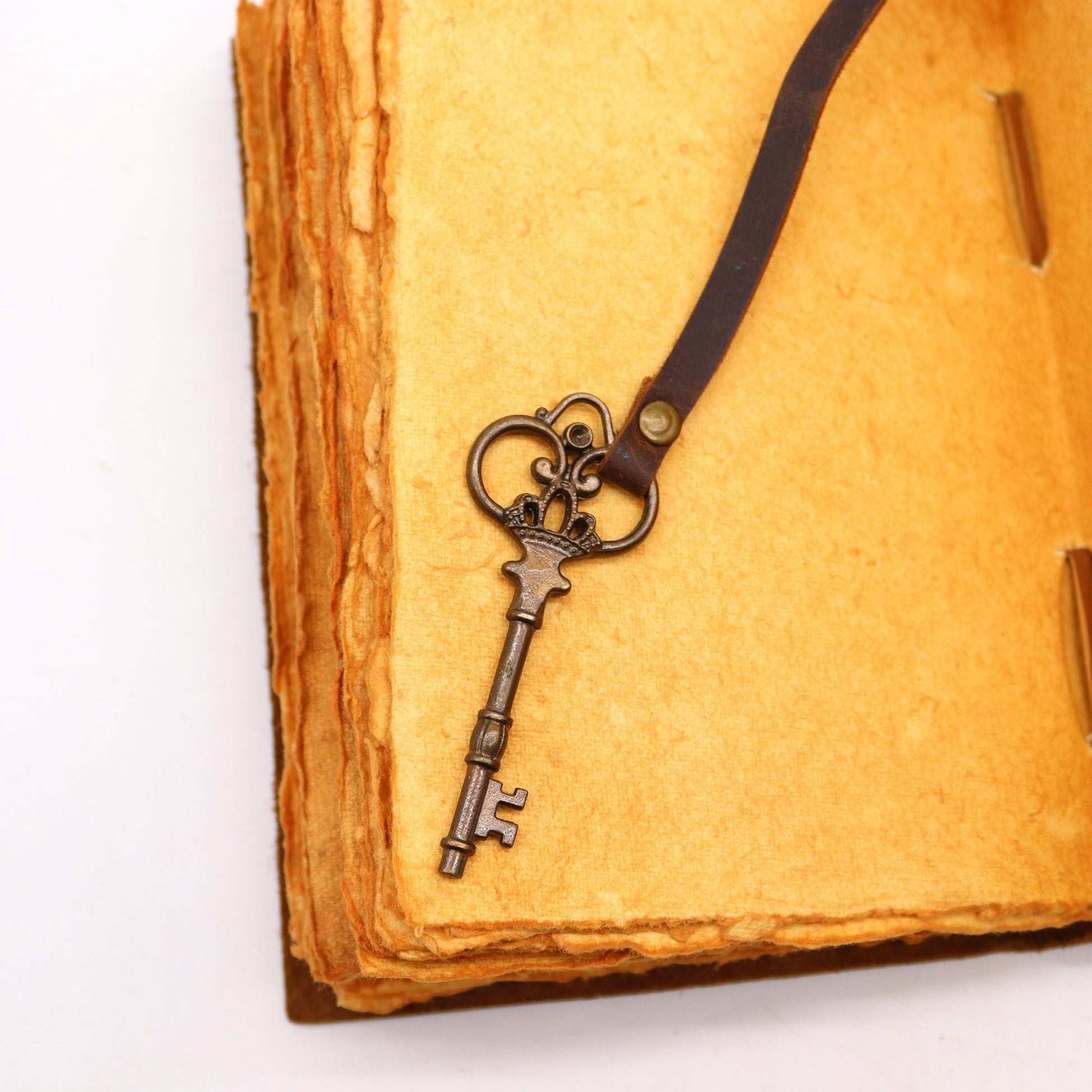 Alt Tag: Oiled Leather Notebook – 200 Pages, 13x18CM close-up of deckle-edged paper pages with vintage key charm bookmark