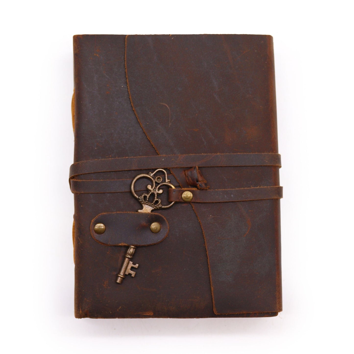 Oiled Leather Notebook – 200 Pages, 13x18CM brown oiled leather journal with wrap strap and vintage key charm, front view