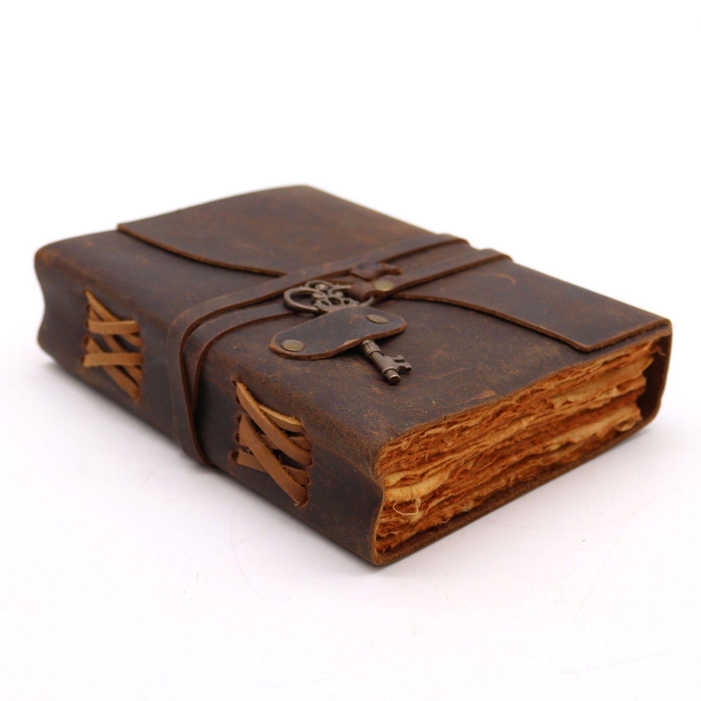 Alt Tag: Oiled Leather Notebook – 200 Pages, 13x18CM brown oiled leather journal with deckle-edge pages and wrap tie closure