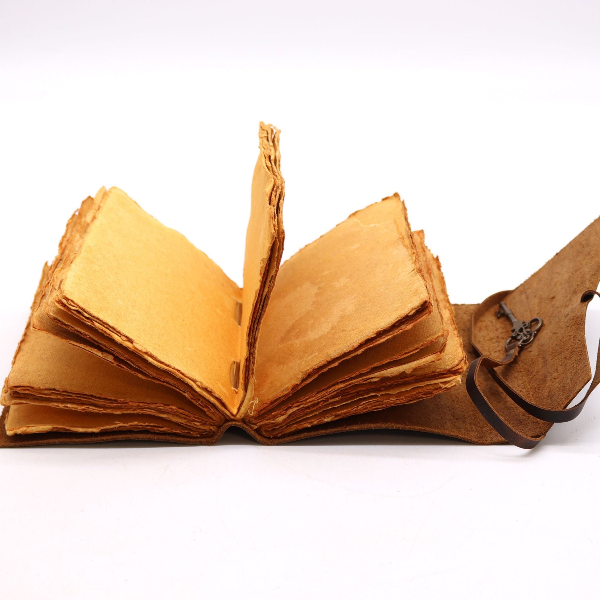 Alt Tag: Oiled Leather Notebook – 200 Pages, 13x18CM open, showing deckle-edged pages and leather tie closure