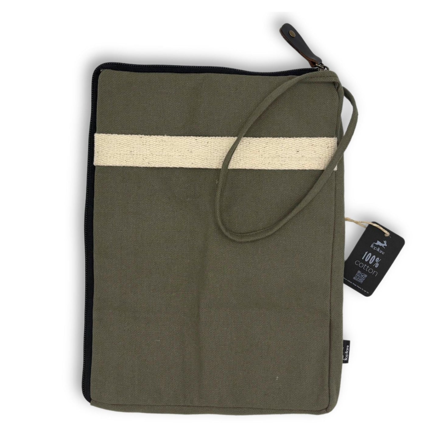 Olivfärgat kanvaslaptopfodral – 30x40 CM, olivfärgat jutetyg- och bomullsfodral med dragkedja, rem och beige rand
