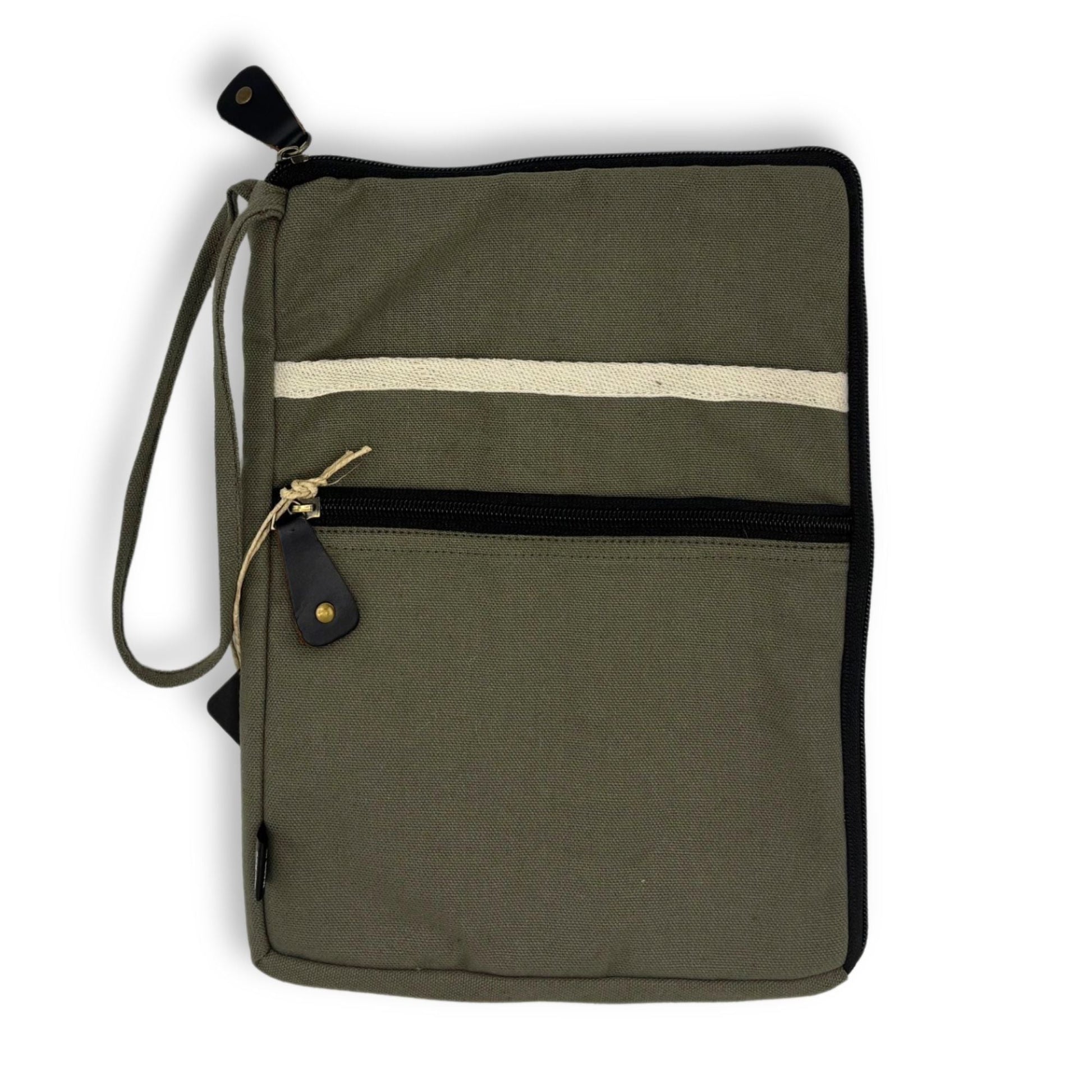 Olive Canvas Laptop Pouch – 24x33 CM, olive jute and cotton laptop sleeve with front zipper pocket and wrist strap