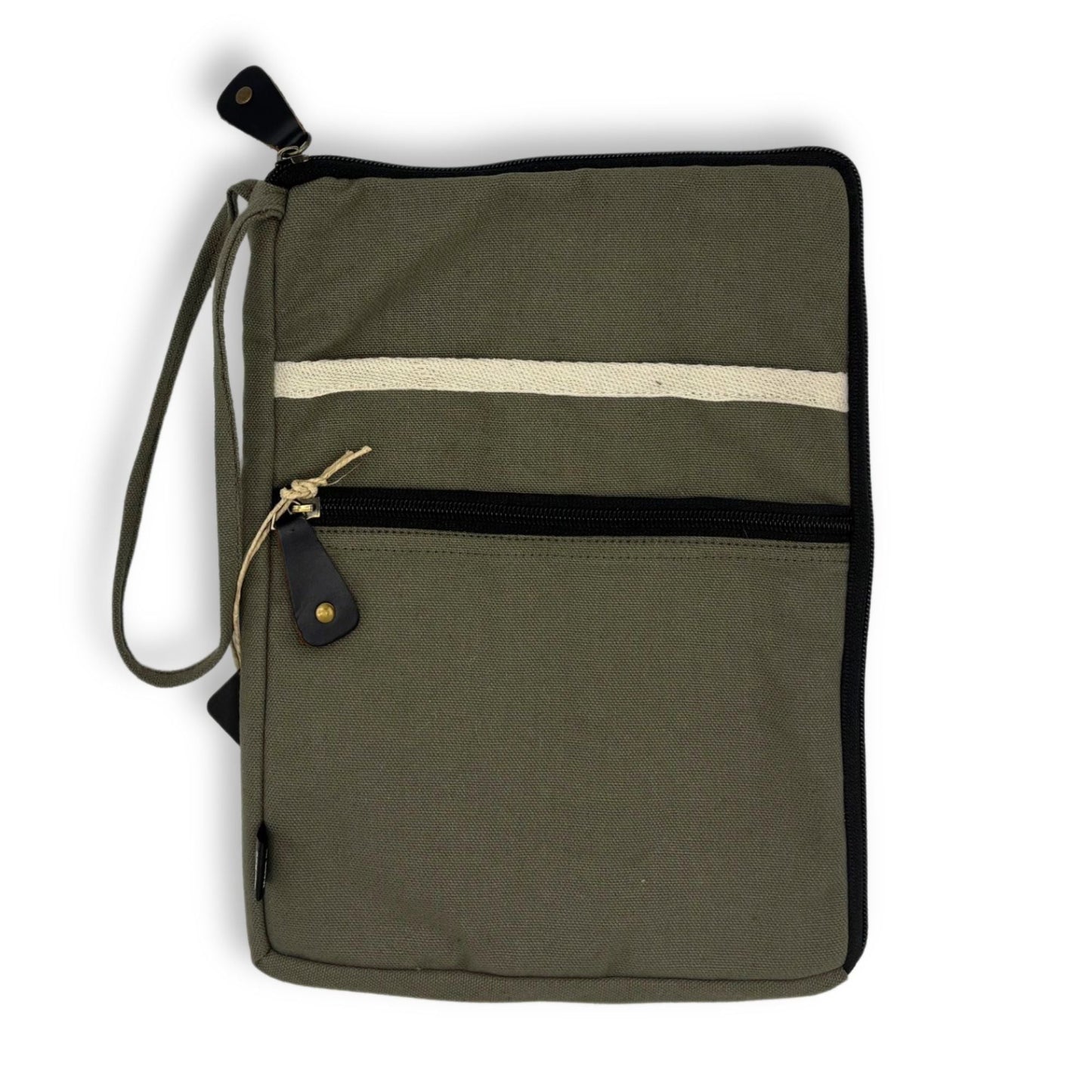 Oliv Canvas Laptopfodral – 30x40 CM olivfärgat laptop- och surfplattfodral i canvas med ficka med dragkedja, handledsrem, jute och bomull