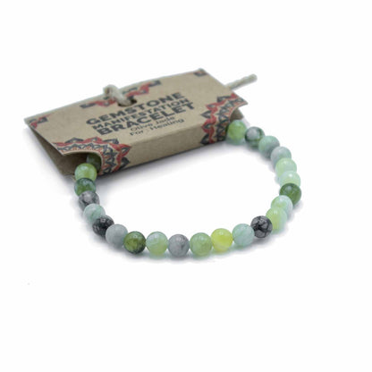 Olive Jade Gemstone Bracelet – Harmonizing with green and gray round beads, stretch bracelet with product tag on white background