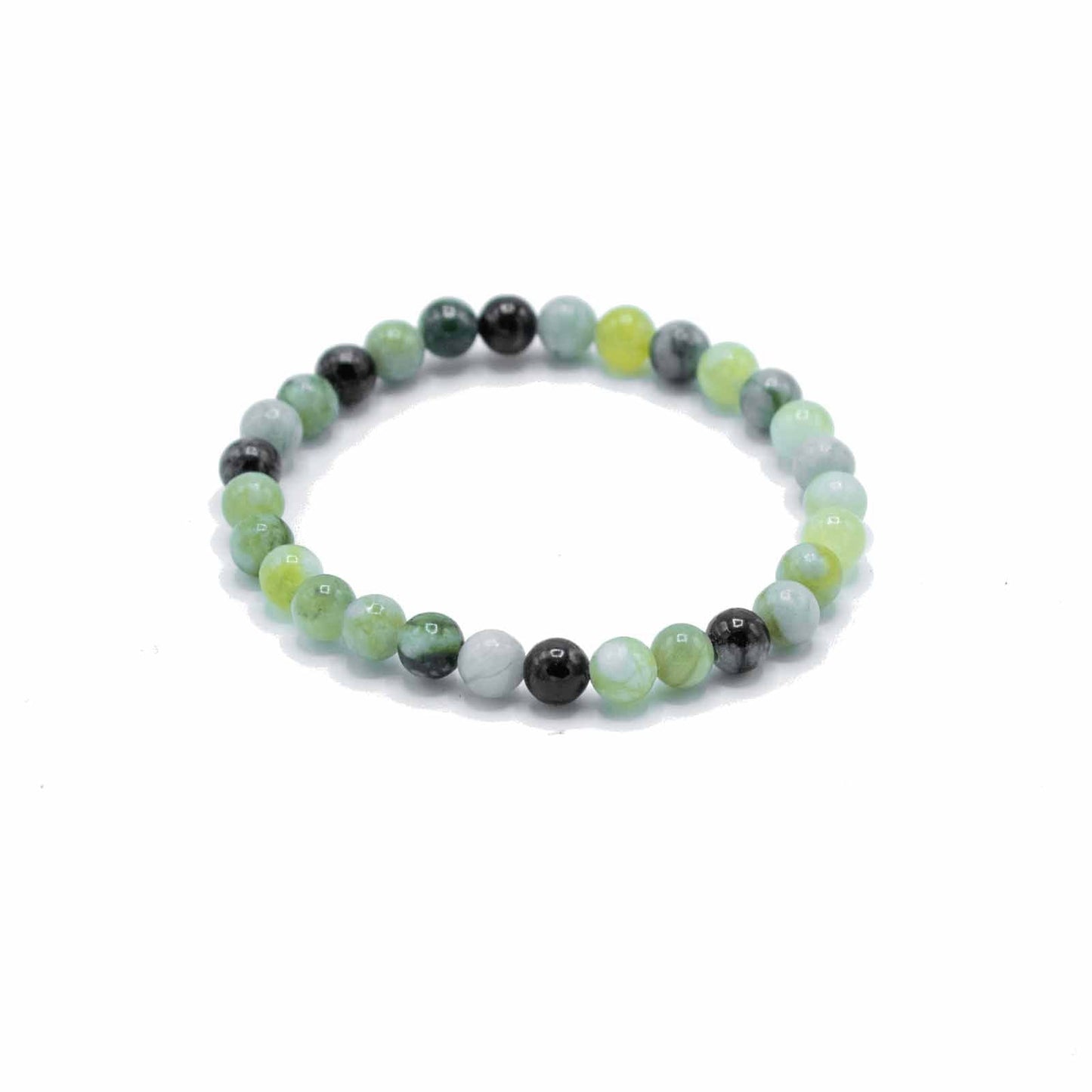 Alt Tag: Olive Jade Gemstone Bracelet – Harmonizing, pulsera elástica de cuentas de jade oliva verde y negro, primer plano sobre fondo blanco