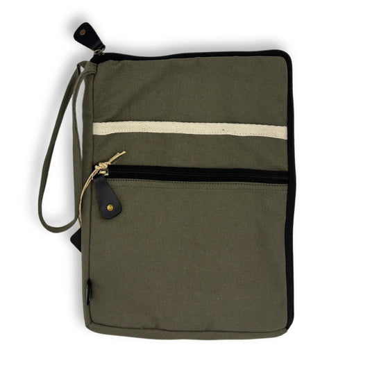 Alt Tag: Olive Jute & Cotton Tablet Pouch – 21x29 CM olive pouch with zip pocket, wrist strap, and contrast stripe