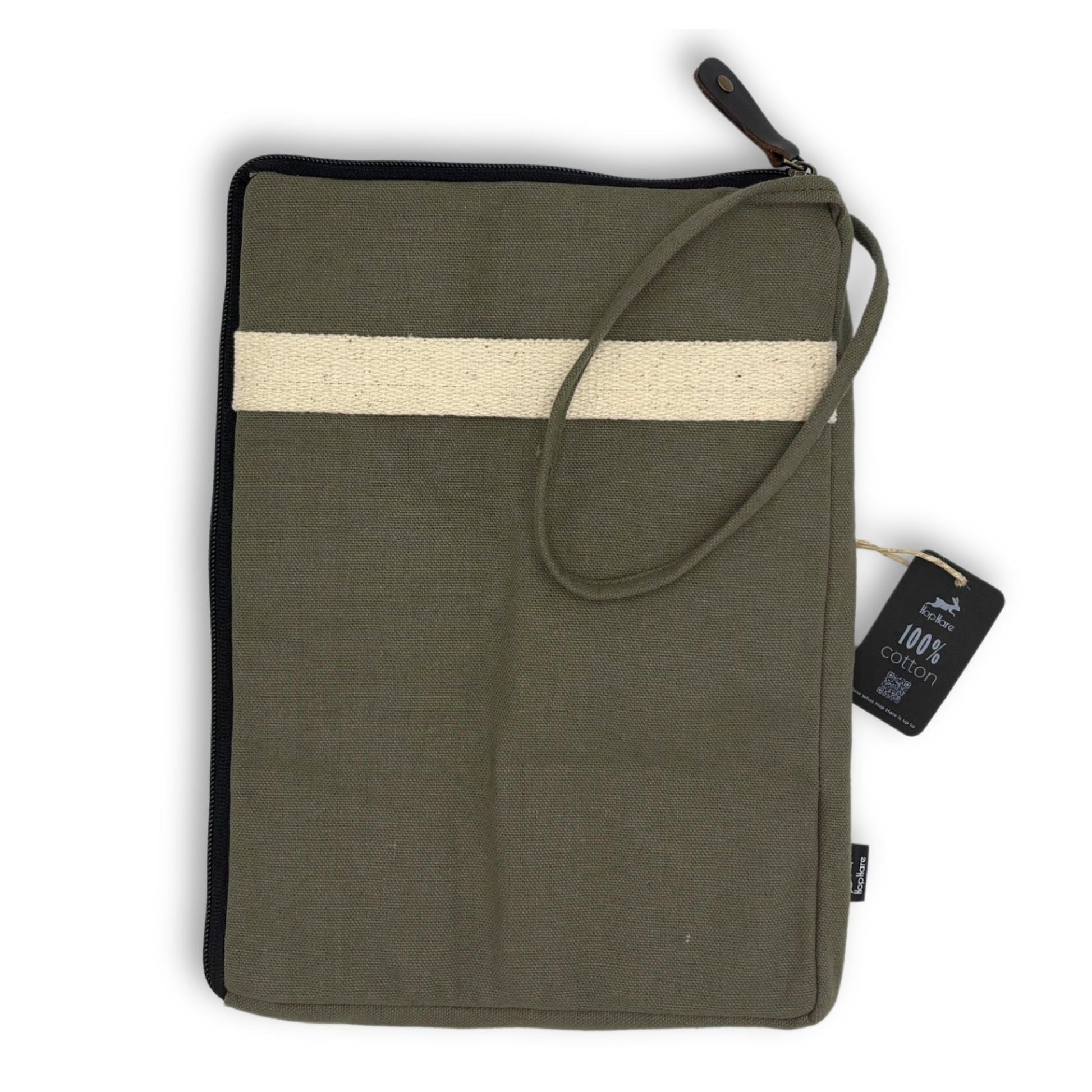 Olive Jute & Cotton Tablet Pouch – 21x29 CM olivgrönt fodral med dragkedja, handledsrem och krämfärgad rand