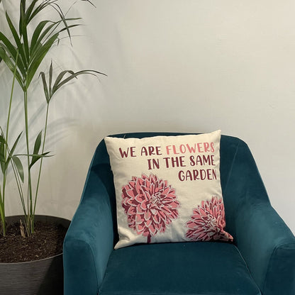 Alt Tag: Olive Poem Cotton Cushion Cover – 45x45 CM on blue armchair with floral print and quote, 100% cotton decorative cushion cover