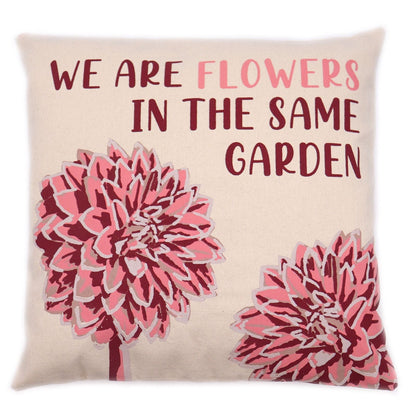 Olive Poem Cotton Cushion Cover – 45x45 CM with floral print and quote “We are flowers in the same garden” on 100% cotton