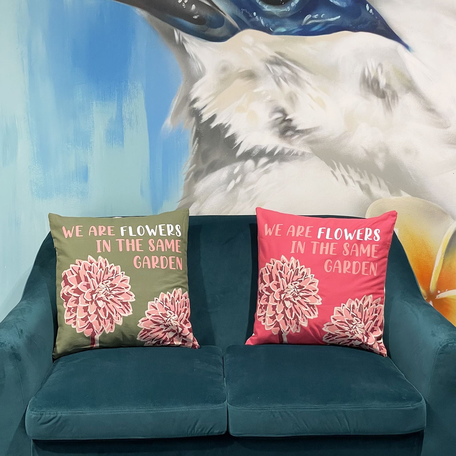 Alt Tag: Olive Poem Cotton Cushion Cover – 45x45 CM on sofa, 100% cotton cover with Seneca quote and floral print